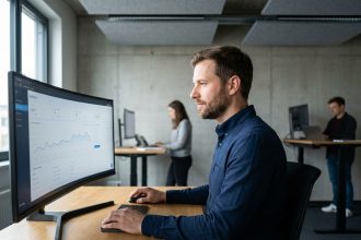 Professionnel IT masculin travaillant sur un tableau de bord simplifié dans un bureau moderne, illustrant la réduction de complexité des outils informatiques