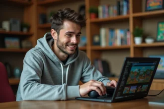 Homme naviguant sur un site de ROMs rétro sur un ordinateur portable dans un bureau gaming vintage