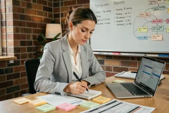Femme professionnelle rédigeant des user stories et spécifications de features dans un bureau agile avec tableau blanc et notes adhésives