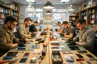 Atelier de réparation de smartphones dans les Hauts-de-Seine avec des techniciens au travail