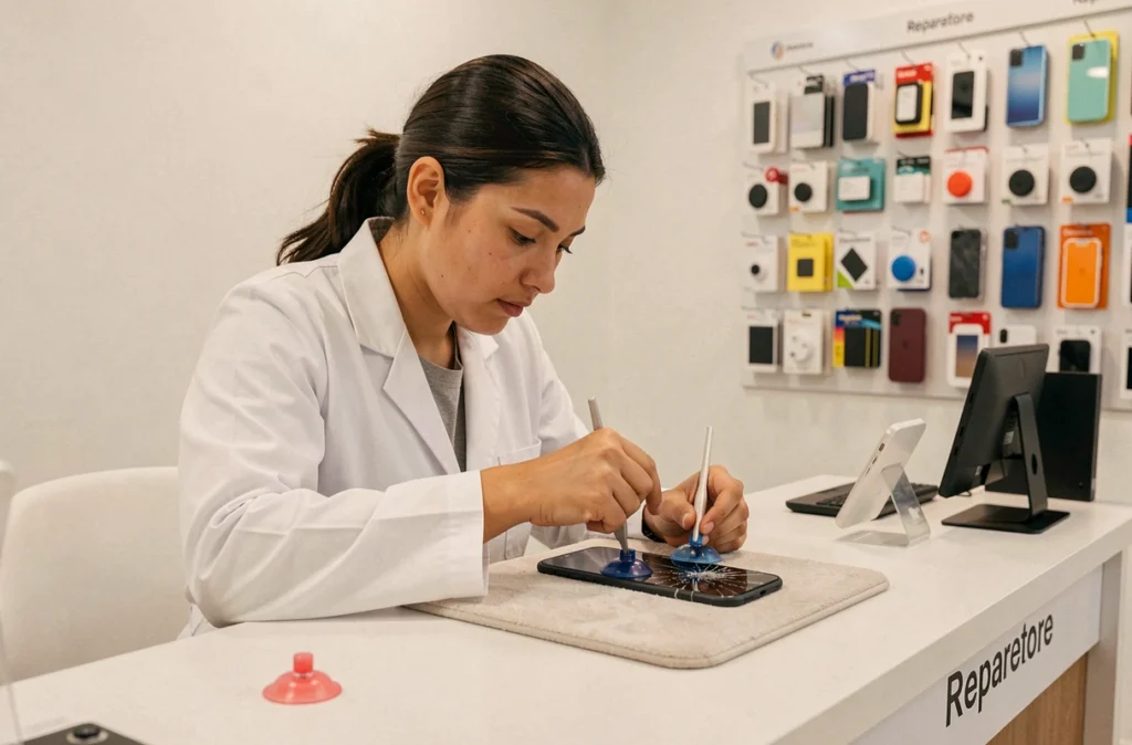 Technicienne de Reparatore remplaçant un écran de smartphone dans un atelier minimaliste