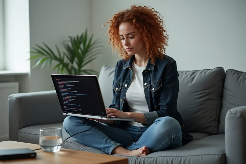 Femme utilisant un terminal macOS pour résoudre un problème de démarrage depuis une clé USB