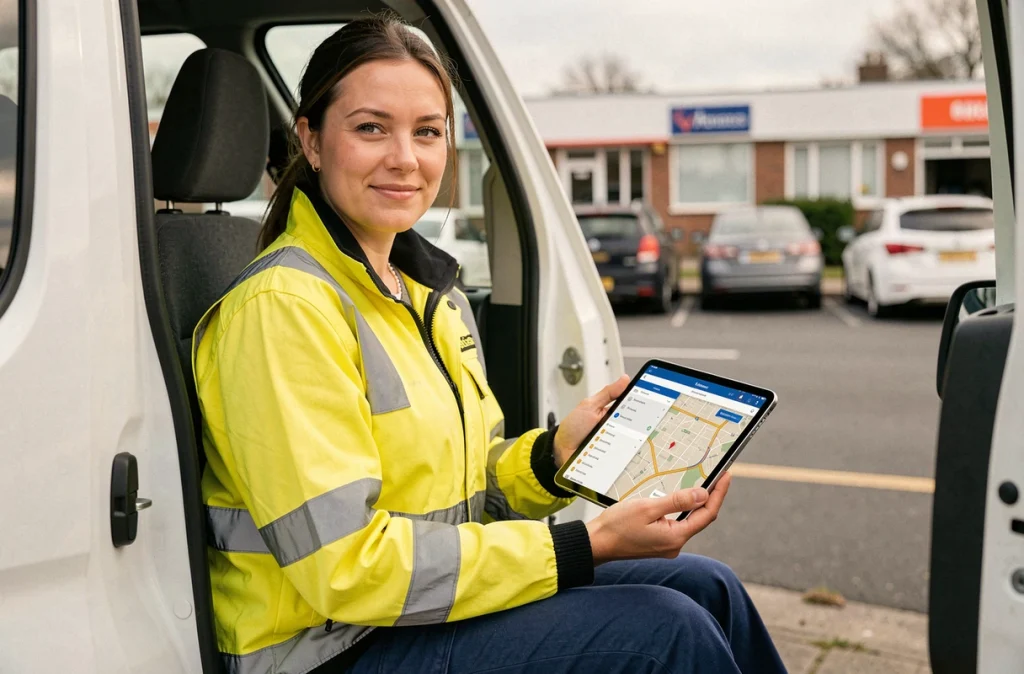 Responsable terrain consultant une application de gestion d'interventions sur tablette depuis un véhicule de service