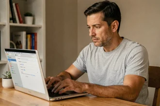 Homme utilisant un MacBook Pro pour restaurer macOS Sierra 10.12 sans perdre ses données dans un bureau à domicile