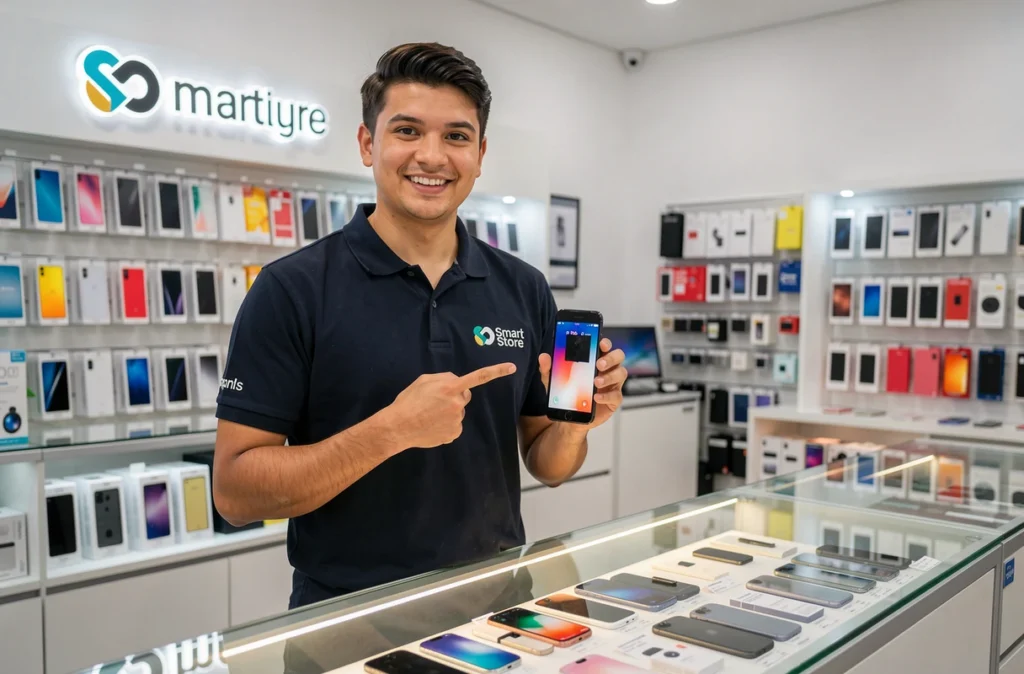Technicien Smart Store présentant un iPhone réparé derrière un comptoir vitré