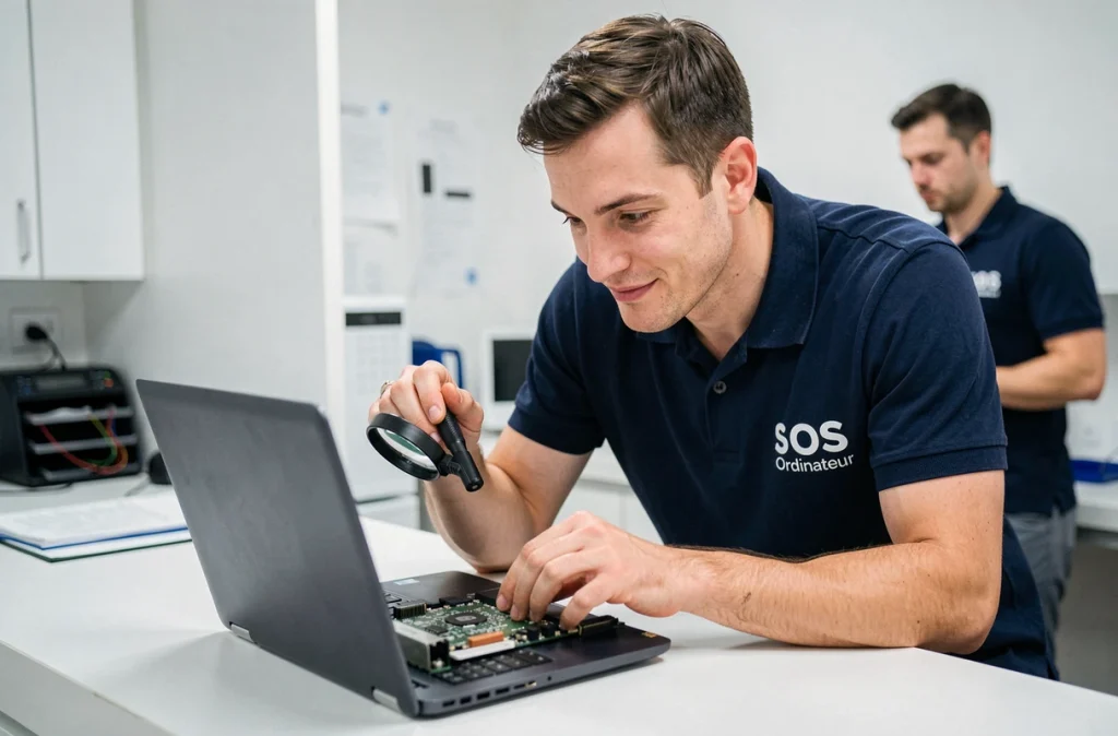 Technicien SOS Ordinateur inspectant un ordinateur portable ouvert sur un comptoir de service professionnel