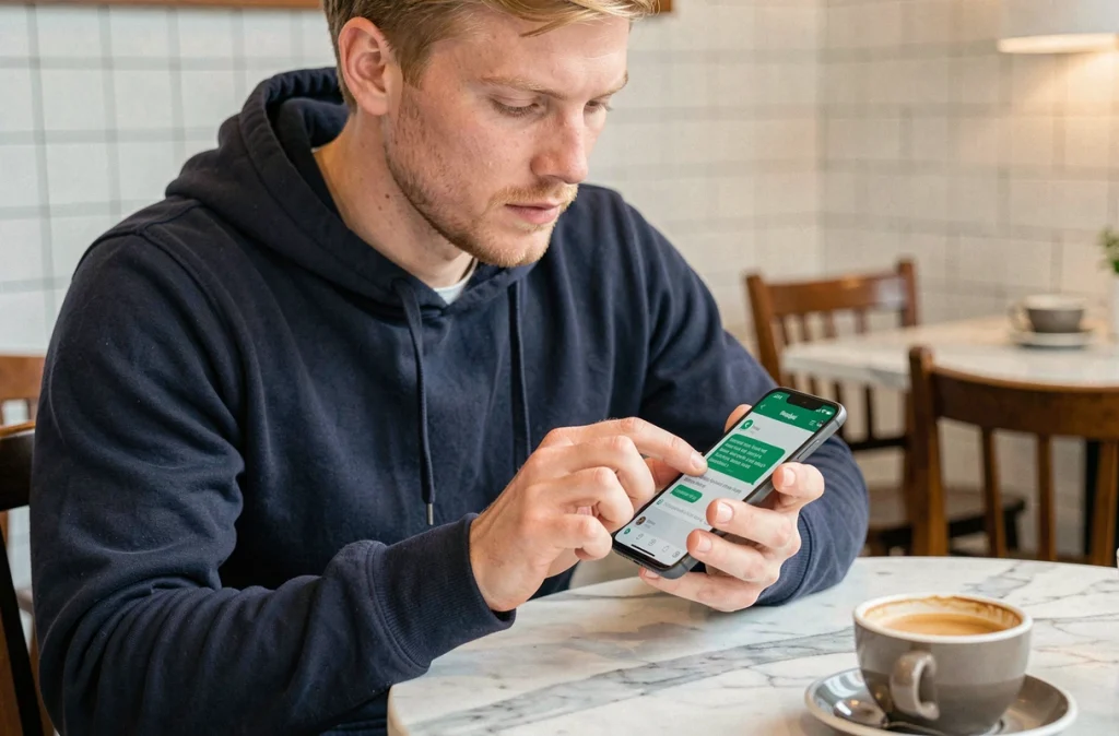 Homme dans un café surlignant un message sur WhatsApp depuis un smartphone Android