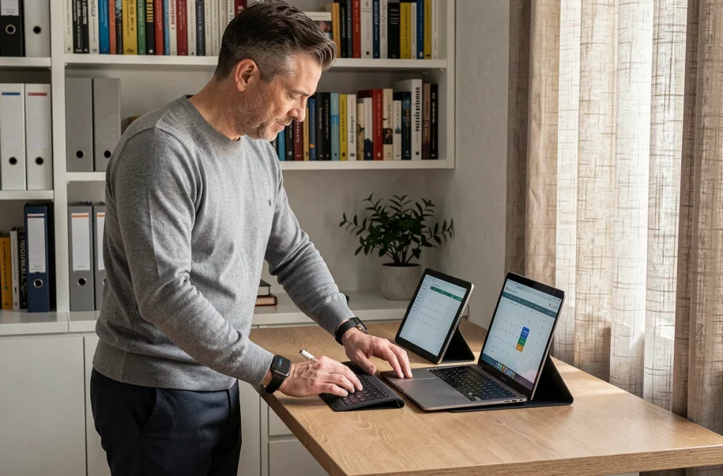 Homme utilisant plusieurs appareils connectés pour synchroniser son agenda professionnel dans un bureau à domicile