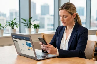 Femme professionnelle synchronisant son calendrier entre son ordinateur portable et son smartphone au bureau