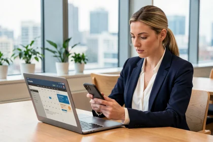 Femme professionnelle synchronisant son calendrier entre son ordinateur portable et son smartphone au bureau