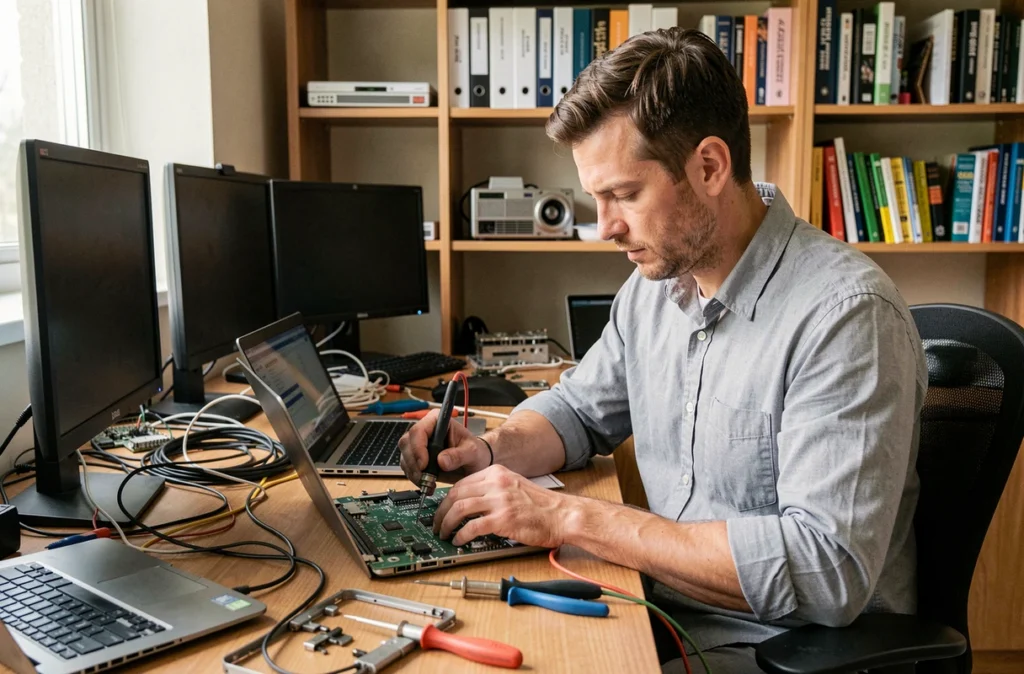 Technicien en dépannage informatique réparant une carte mère de laptop dans un bureau encombré