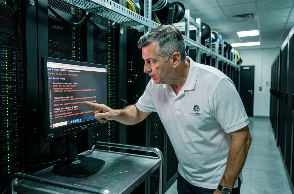 Un technicien informatique détectant une intrusion de malware sur un serveur en salle des machines