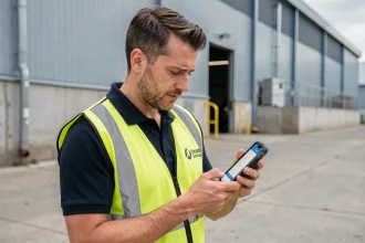 Technicien terrain utilisant l'application mobile Domatel sur smartphone pour gérer ses interventions sur site industriel