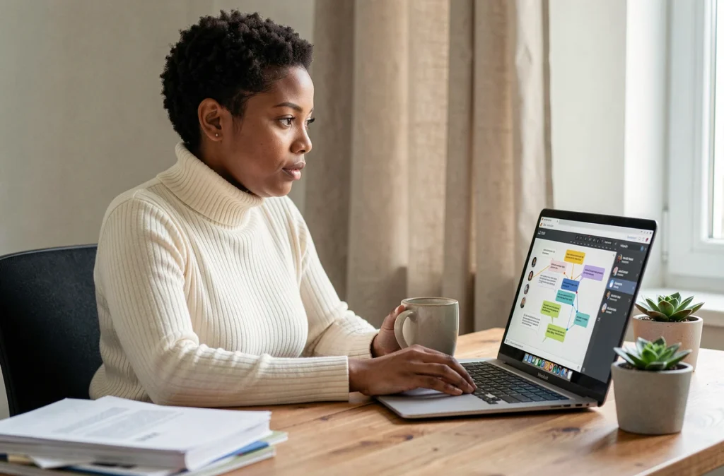 Jeune femme travaillant à distance sur un document partagé en temps réel depuis son bureau à domicile