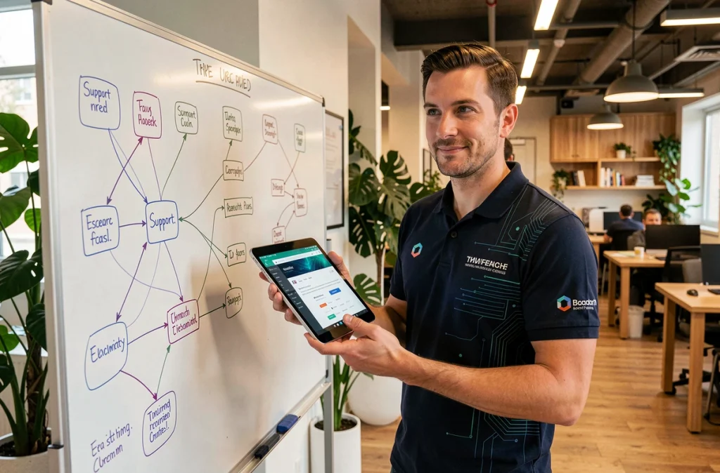 Technicien VarTech Création et Support présentant un projet web et réseau dans un bureau moderne