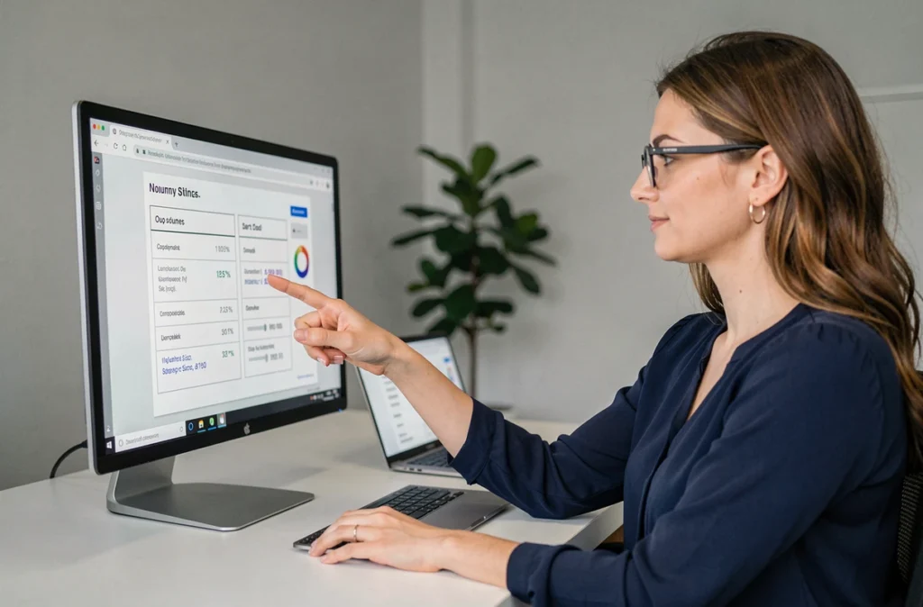 Femme consultant les spécifications de dimension d'un écran 24 pouces sur un bureau de travail moderne
