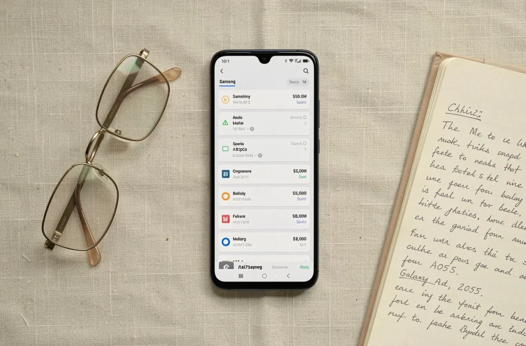 Vue de dessus du Samsung Galaxy A05s posé sur une surface en lin avec des notes manuscrites pour un achat réfléchi