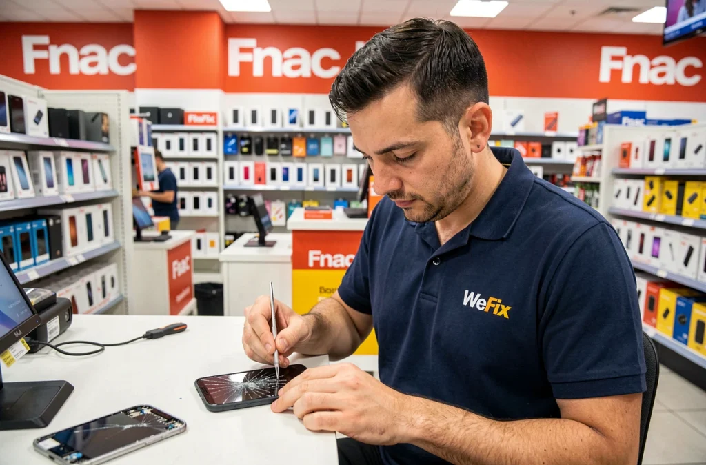 Technicien WeFix réparant un smartphone dans un corner Fnac à Gennevilliers
